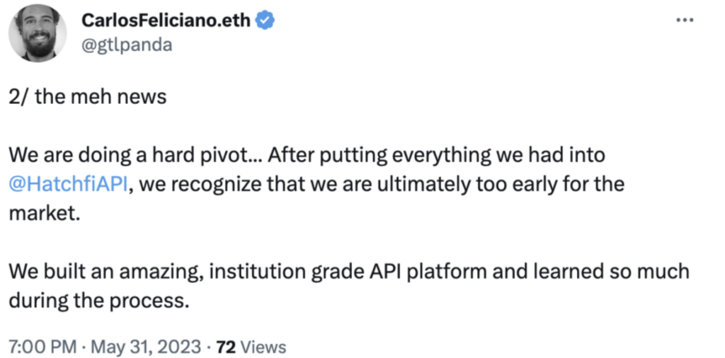 Hatchfi API Tweet on their business